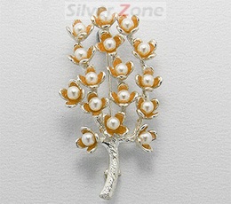 Brosa din argint cu email portocaliu copacul vietii cu perle de cultura 