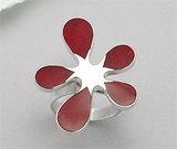 Inel ajustabil model floare din argint cu coral rosu spongios