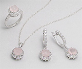 Set din argint si cuart roz: cercei, pandantiv, inel