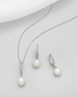 Set din argint: cercei si pandantiv cu perle de cultura si cubic zirconia 15-1-i5925
