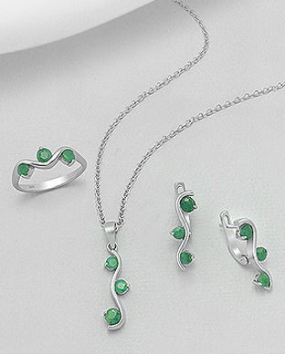 Set din argint cu smarald verde: cercei, pandantiv si inel 15-1-i62457