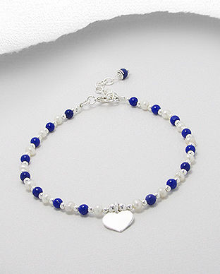 Bratara cu inimioara din argint perle de cultura si pietre albastre 13-1-i35244L
