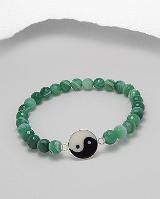 Bratara elastica cu Yin-Yang din argint si agat verde 13-1-i55380