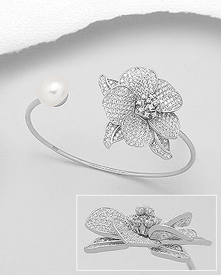 Bratara fixa din argint model floare cu zirconiu si perla de cultura 13-1-i55109