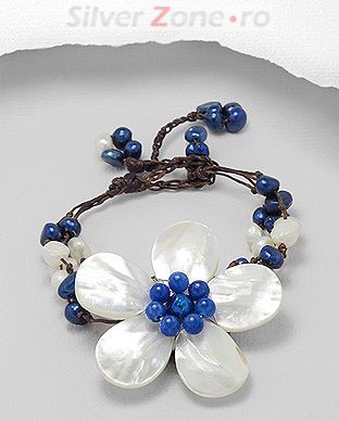 Bratara din sfoara cerata cu floare din scoica, perle de cultura, agat albastru 33-1-i4143B