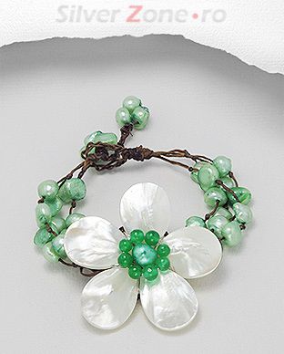 Bratara din sfoara cerata cu floare din scoica, perle de cultura, agat verde 33-1-i4143V
