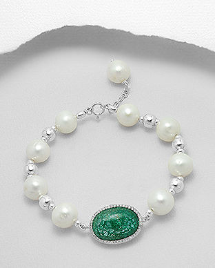 Bratara cu piatra verde, perle de cultura, argint 13-1-i5381