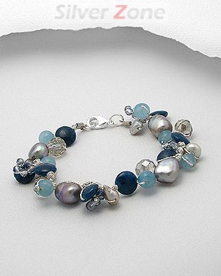 Bratara cu jad albastru, perle de cultura gri, pietre albastre, cristale 33-1-i33156