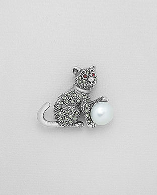 Brosa felina din argint cu marcasite si perla de cultura 16-1-i57339