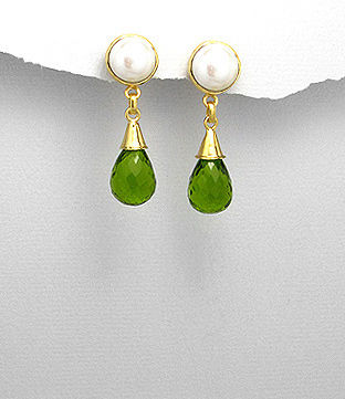 Cercei din alama placati cu aur cu perle si  peridot verde 31-1-i3416P