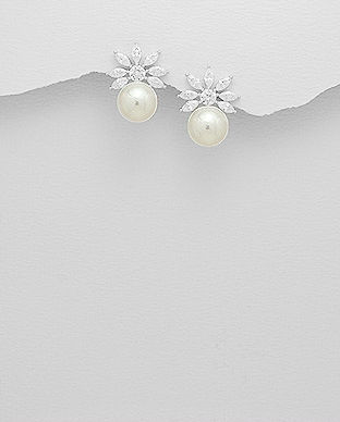 Cercei din argint floare cu zirconia si perla de cultura 11-1-i5915