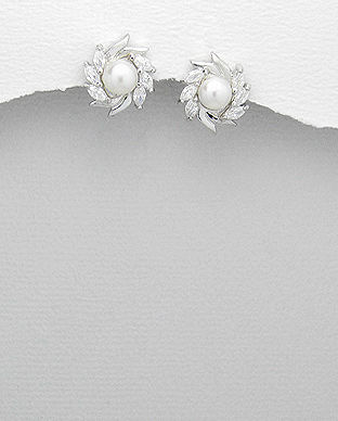 Cercei floare din argint cu perla de cultura si pietre 11-1-i4229