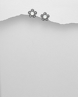 Cercei floricica din argint cu marcasite si sidef alb 11-1-i53264A
