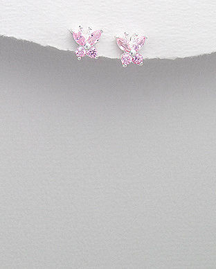 Cercei mici din argint model fluturasi cu pietre roz 11-1-i29199R