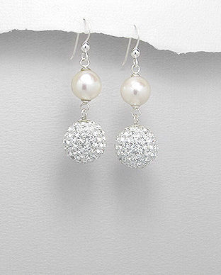 Cercei din argint cu cristale albe si perla de cultura 11-1-i22306C