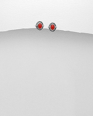 Cercei mici ovali cu piatra rosie din argint 11-1-i59389R