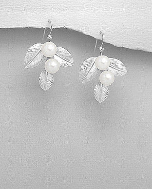 Cercei frunze din argint cu perle de cultura albe 11-1-i537