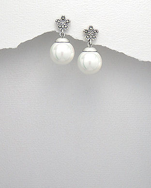 Cercei din argint model floricica cu marcasite si perla mare 11-1-i55355