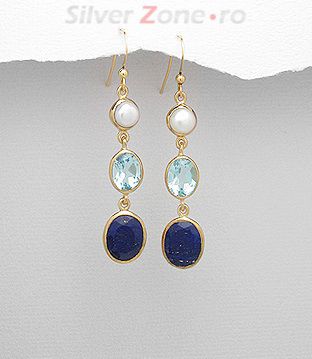 Cercei placati cu aur cu perla de cultura, topaz bleu, lapis lazuli albastru 31-1-i403