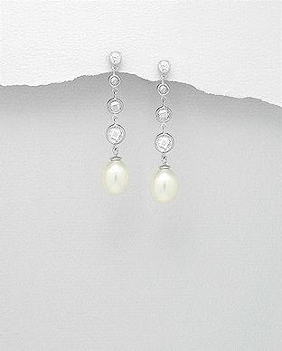 Cercei lungi cu zirconii transparente, perle de cultura, argint 11-1-i5394