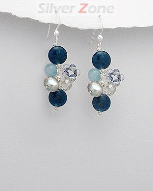 Cercei cu jad albastru, perle de cultura gri, pietre albastre, cristale 31-1-i33157