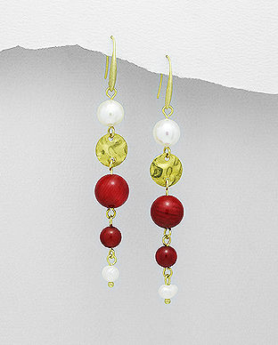 Cercei placati cu aur cu perle de cultura si coral rosu 31-1-i6027R