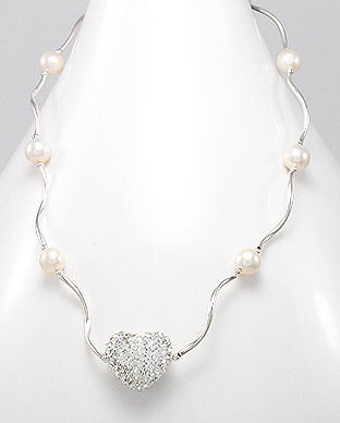 Colier din argint cu perle albe de cultura si inimioara cu cristale 14-1-i2952