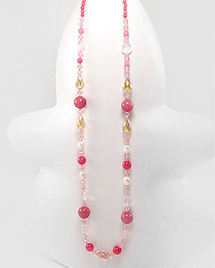 Colier lung cu pietre semipretioase cuart roz, jad roz, perle de cultura si margele 34-1-i25102