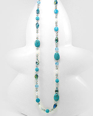Colier lung cu turcoaz albastru reconstruit, perle de cultura, cristale 34-1-i29155