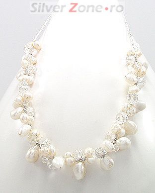 Colier din matase japoneza cu perle de cultura albe si cristale 34-1-i37187