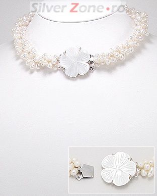 Colier cu perle albe si inchizatoare cu floare din sidef 34-1-i3775