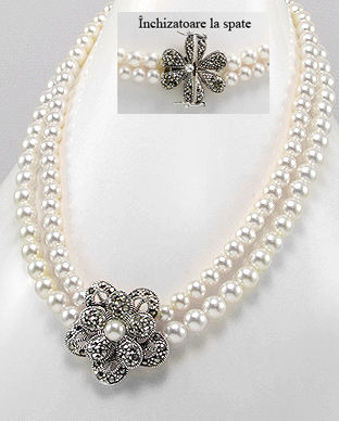 Colier cu floare din argint cu marcasite si perle 14-1-i23230