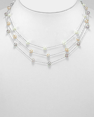 Colier cu perle roz, piersic, albe de cultura si argint 14-1-i5387