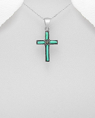 Pandantiv cruce din argint cu turcoaz verde 17-1-i61589