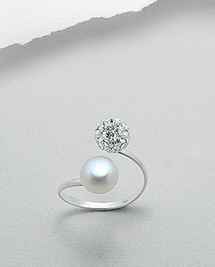 Inel ajustabil cu perla alba de cultura si cristale 12-1-i4712