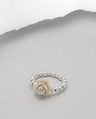 Inel ajustabil din bilute de argint cu trandafir alb din ceramica 32-1-i37723A