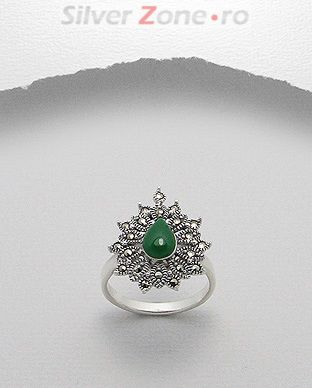 Inel din argint cu marcasite si agat verde 12-1-i37527V