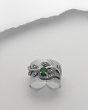 Inel ajustabil din argint cu marcasite si cubic zirconia verde 12-1-i42242