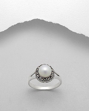 Inel din argint cu marcasite si perla alba de cultura 12-1-i51245