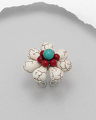 Inel ajustabil model floare cu howlite alb, coral si turcoaz reconstruit 32-1-i15160