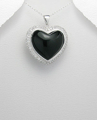Pandantiv inima mare din argint cu aspect de aur alb cu piatra semipretioasa onix negru si imitatii de diamante 17-1-i18306