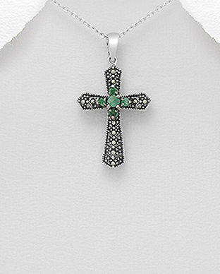 Pandantiv cruce din argint cu marcasite si smarald 17-1-i55360B