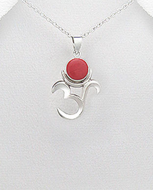 Pandantiv cu simbolul hindus Om din argint si coral rosu 17-1-i4567