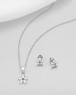 Set argint: cercei si pandantiv model floricica cu zirconia albastru 15-1-i57162B