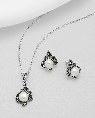 Set argint: cercei si pandantiv cu perle de cultura si marcasite 15-1-i53268