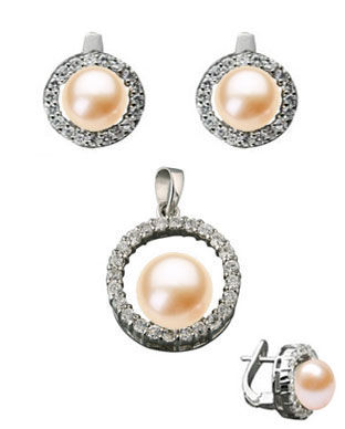 Set din argint cu aspect de aur alb: cercei si pandantiv cu perla de cultura piersic si imitatii de diamante 15-3-6189P