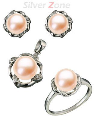 Set din argint cu aspect de aur alb: inel, cercei si pandantiv cu perla piersic de cultura 15-3-6206 INP