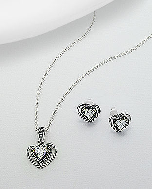 Set din argint: cercei si pandantiv inima cu marcasite si cubic zirconia 15-1-i53261
