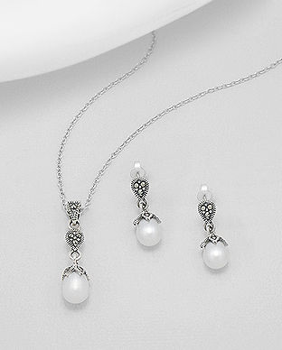 Set din argint: cercei si pandantiv cu marcasite si perla de cultura 15-1-i53254