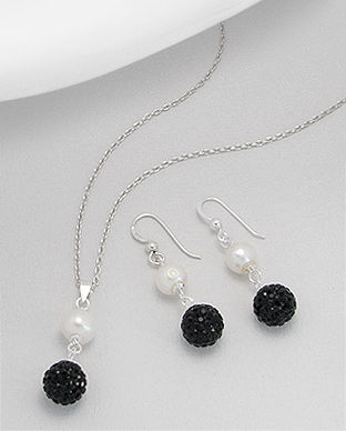 Set: cercei si pandantiv din argint cu perla alba de cultura si bila cu cristal negru 15-1-i27290N